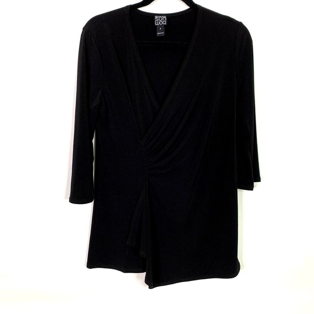 Clara Sun Woo Small Black Liquid Knit Tunic Top V-Neck 3/4 Sleeve Lagenlook